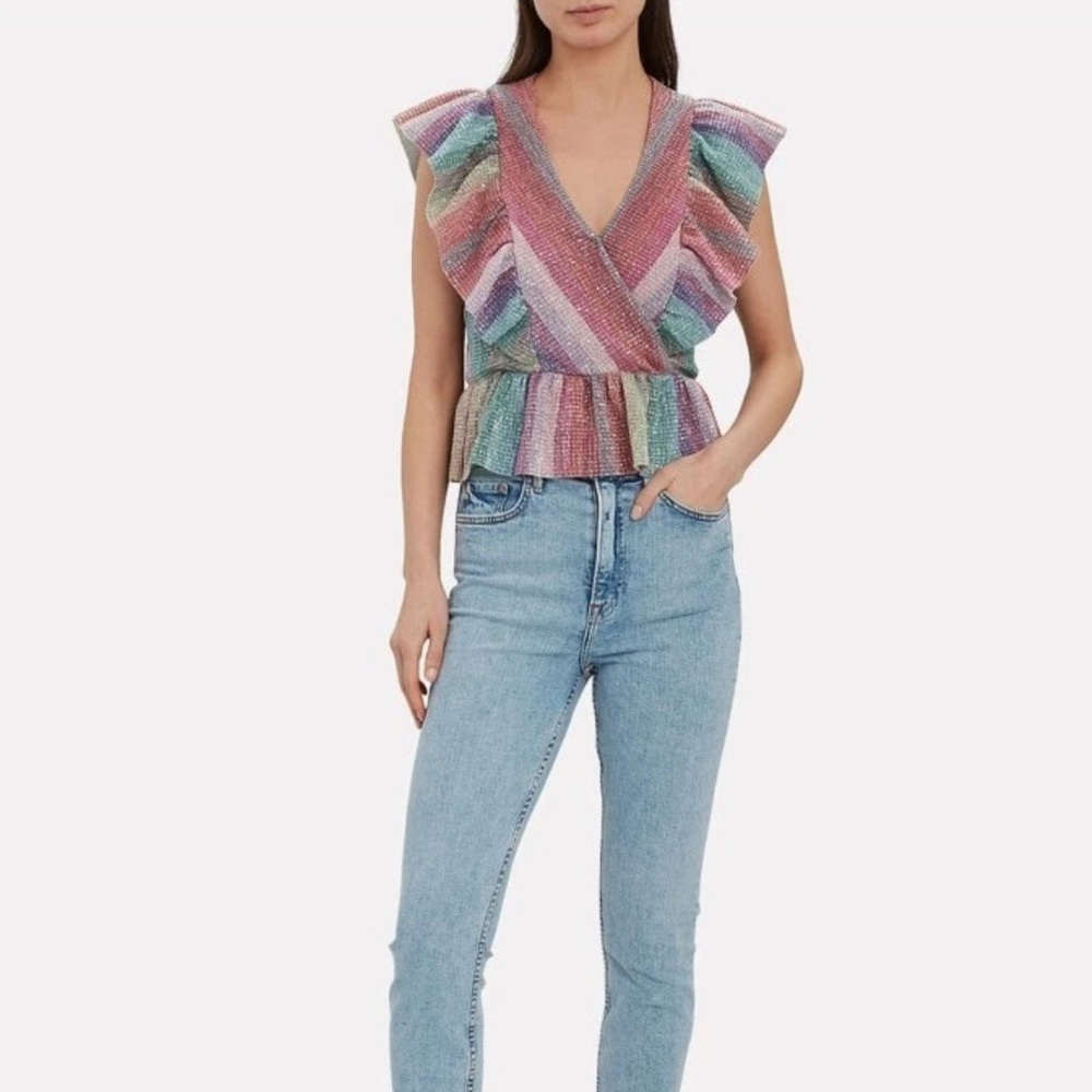 Saylor NYC Top Darcie Lurex Blouse Size S Sequin Stripe Peplum EUC Retail: $185